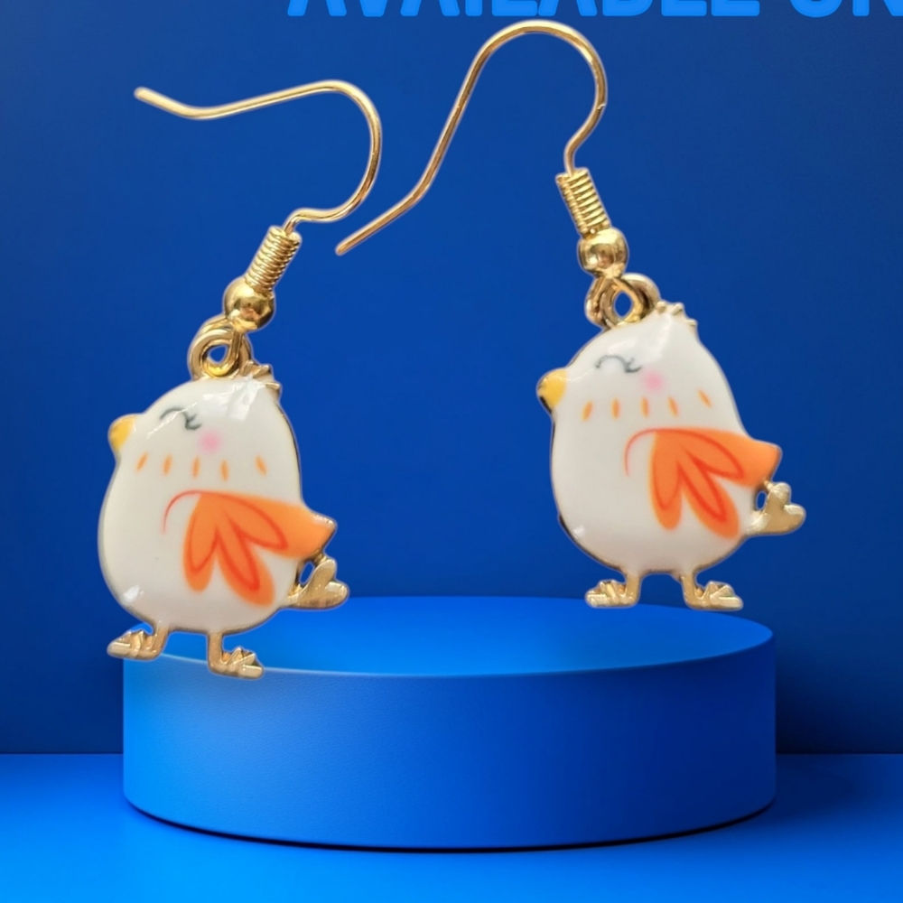 Gold Hook Cute White & Orange Bird Dangle Earrings